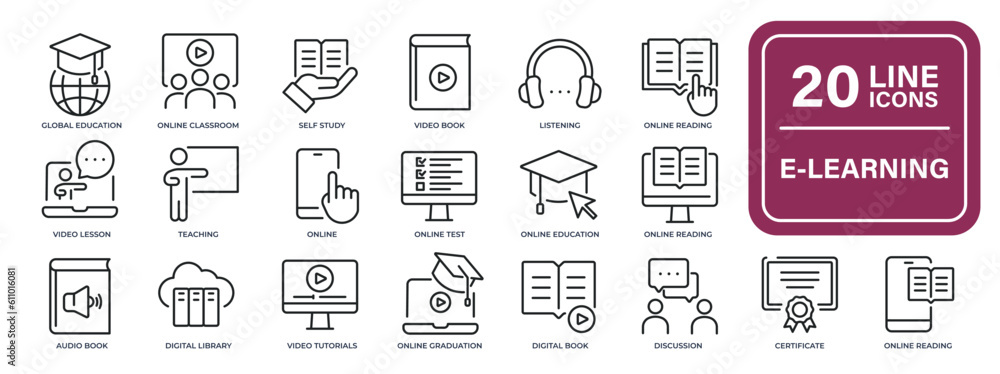 E-learning, education, online school, webinar thin line icons. Editable stroke. For website marketing design, logo, app, template, ui, etc. Vector illustration. - obrazy, fototapety, plakaty 
