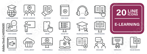 E-learning, education, online school, webinar thin line icons. Editable stroke. For website marketing design, logo, app, template, ui, etc. Vector illustration.