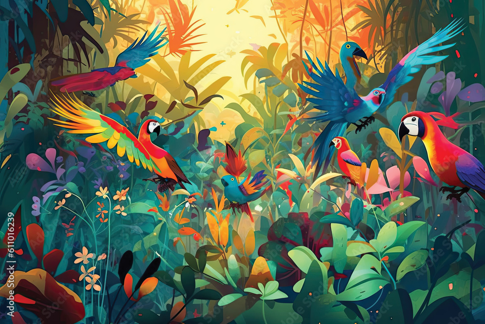 Illustration Seamless pattern with Birds and tropical plants Illustration Seamless pattern with Birds and tropical plants