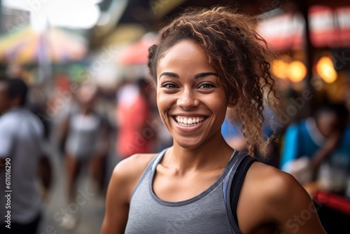 Close-up portrait photography of a joyful girl in her 30s working out against a bustling marketplace background. With generative AI technology © Markus Schröder