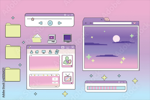 Linear retro vaporwave desktop wallpaper. Abstract vintage aesthetic background. Modern comic illustrations. Trendy, nostalgic, colorful style 80s, 90s. Posters, social media posts, story template.