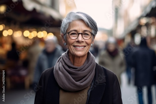 Environmental portrait photography of a satisfied mature woman walking against a bustling marketplace background. With generative AI technology