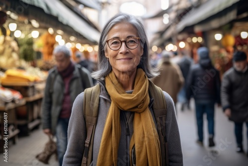 Environmental portrait photography of a satisfied mature woman walking against a bustling marketplace background. With generative AI technology