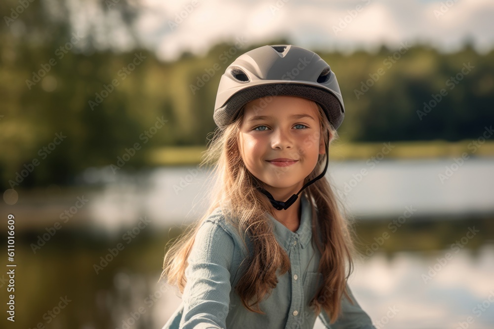 Close-up portrait photography of a satisfied kid female riding a bike against a tranquil lake background. With generative AI technology Close-up portrait photography of a satisfied kid female riding a bike against a tranquil lake background. With generative AI technology