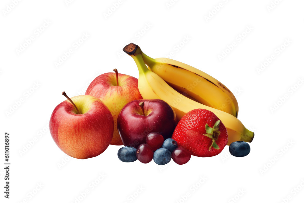 Bananas, grapes,red apple and strawberries isolated on transparent background, Generative Ai