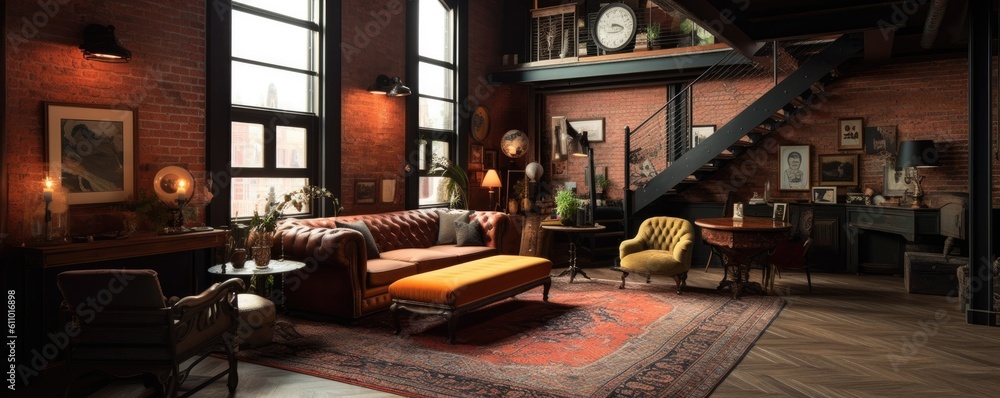 Banner - Living room in Traditional design style characterized by variety of textures and patterns, and classic artwork and furniture. Architecture and Real estate, AI generative