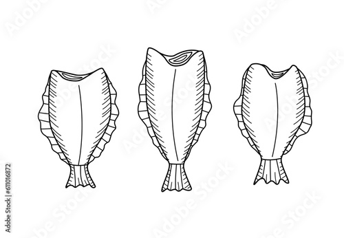 Halibut drawing doodle sketch of a headless fish. Flounder vector illustration of raw or dried fish, seafood.