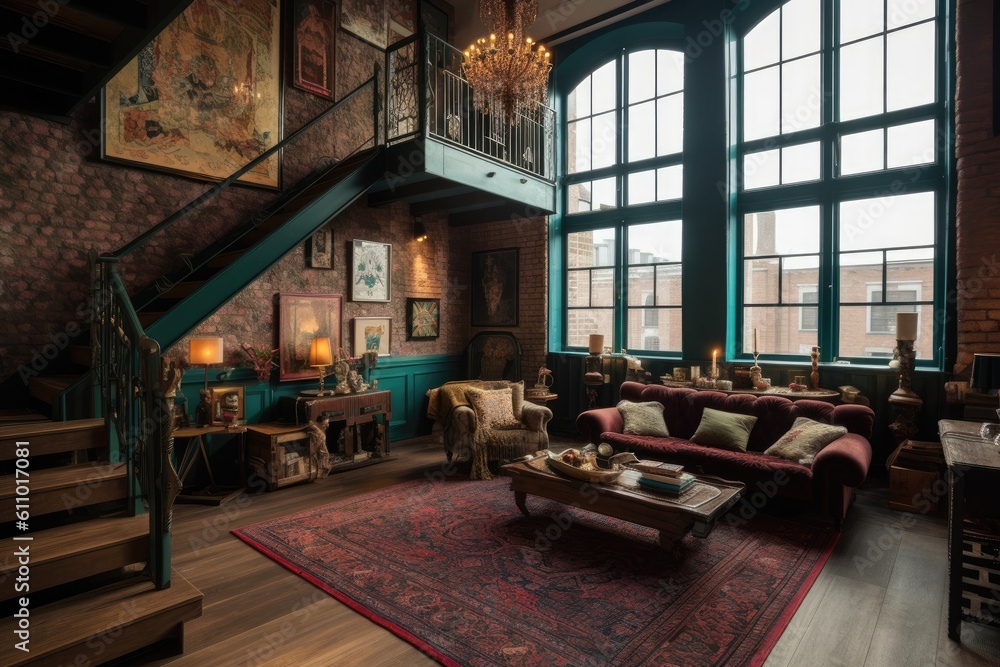 Living room in Loft in Traditional design style characterized by rich color palettes, a variety of textures and patterns, and classic artwork and furniture. Architecture and Real estate, AI generative Living room in Loft in Traditional design style characterized by rich color palettes, a variety of textures and patterns, and classic artwork and furniture. Architecture and Real estate, AI generative