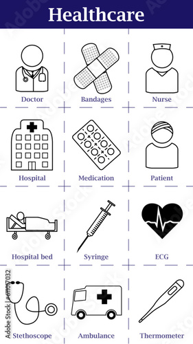 Heathcare icon set. Line art vector symbols.