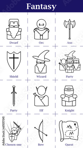 Fantasy icon set. Line art vector symbols.