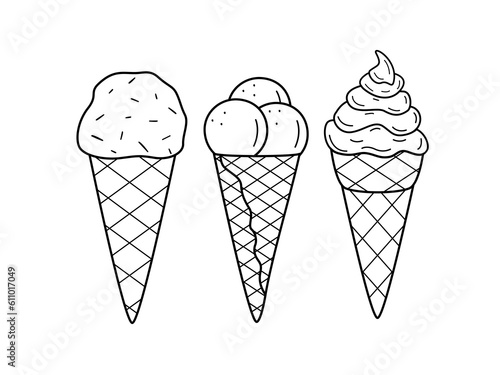 Cartoon set of drawings of ice cream in waffle cups cone. Vector doodle illustration of a summer dessert sketch.