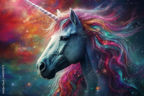 Animals, culture and religious, states of mind concept. Unicorn in colorful cosmic energy background. Generative AI
