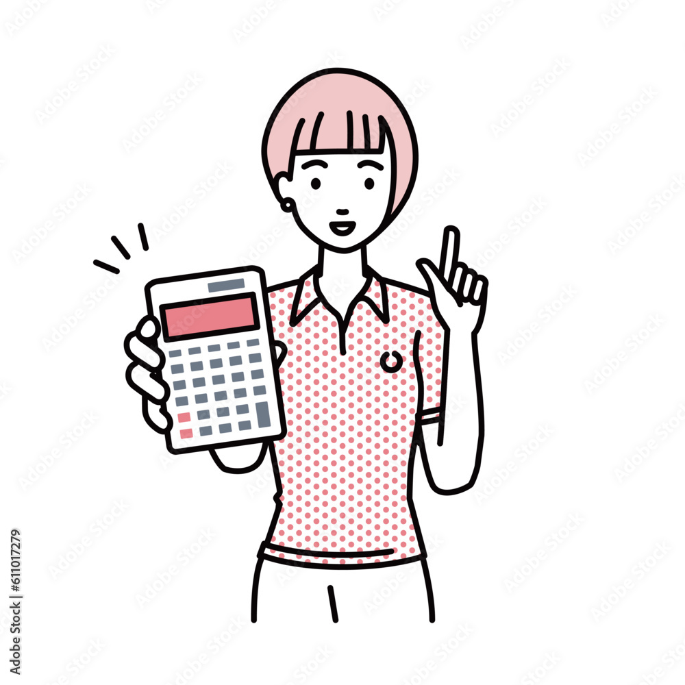 立って電卓を持ってこちらに向けて見せているポロシャツの女性 立って電卓を持ってこちらに向けて見せているポロシャツの女性