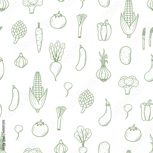 Seamless Pattern of drawing vegetables in doodle style. A set of vector illustrations of the harvest corn potatoes carrots radishes beets garlic onions tomatoes, etc.