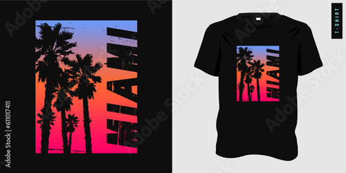 Miami Florida t-shirt design graphic with palm tree, summer retro print, typography, tee, t-shirt print, clothing template, perfect for teen trendy style, Vector illustration.