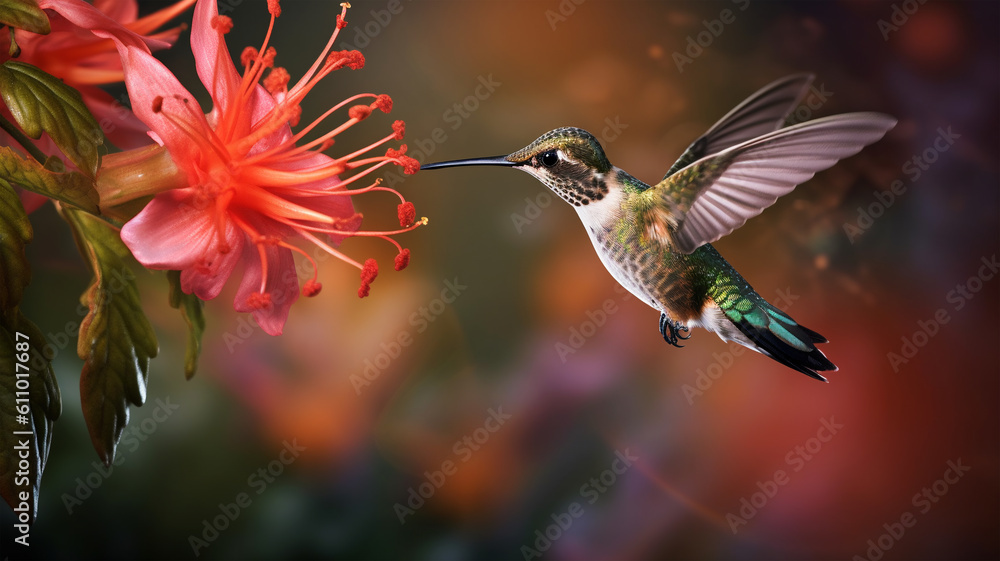 Fototapeta premium Hummingbird with a long beak, Heliodoxa jacula, bird hovering near a flower, mountain rainforest, nectar