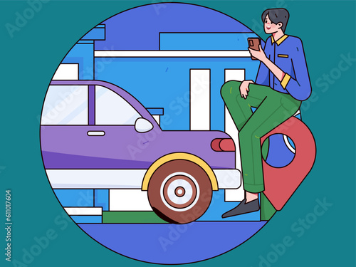 Flat vector concept operation hand-drawn illustration of people taking a taxi
