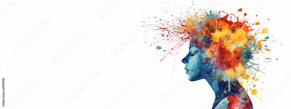 Mental health and creative abstract concept. Colorful illustration of happy womale head  in paint splatter style. Mindfulness and self care idea. White background. Copy space. Generative AI. - obrazy, fototapety, plakaty 