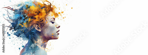 Mental health and creative abstract concept. Colorful illustration of happy womale head  in paint splatter style. Mindfulness and self care idea.  Banner white background. Copy space. Generative AI.