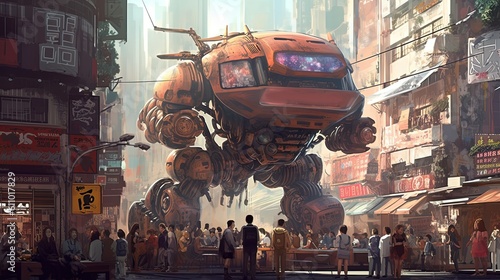 illustration sci-fi fantasy, big robot walking on urban city, Generative Ai photo