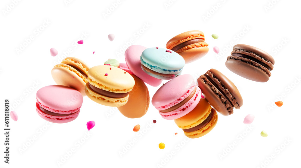 Colorful macaroons flying isolated on transparent background. French dessert. PNG format - obrazy, fototapety, plakaty 