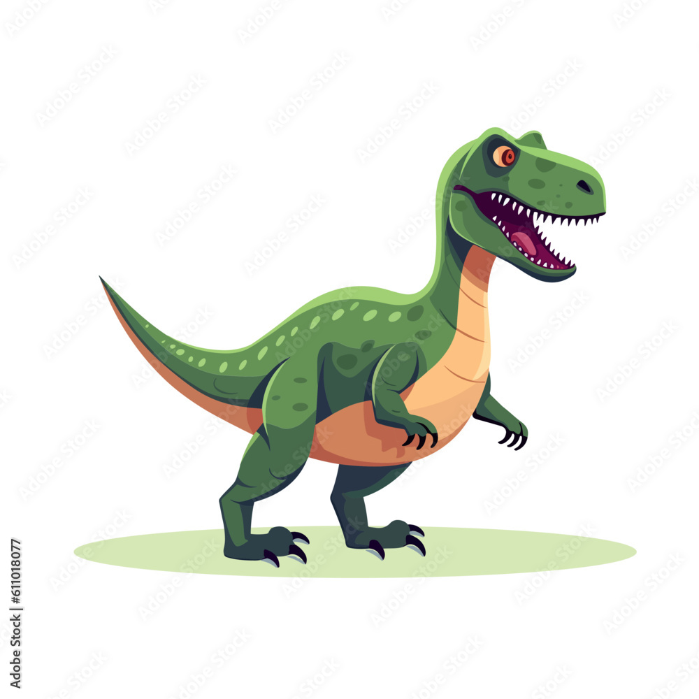 Naklejka premium Green roaring tyrannosaurus isolated on white background. Prehistoric carnivorous dinosaur. Dinosaur cartoon. Vector stock