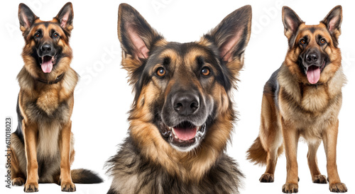 Collection of three dogs, happy german shepherds set (portrait, sitting and standing) isolated on white background as transparent PNG, generative AI animal bundle