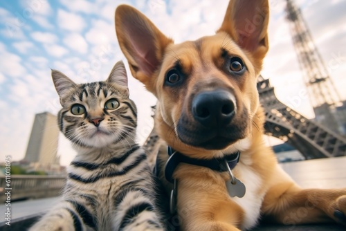 Fototapeta Cat and Dog Eiffel Tower Selfie. Generative AI