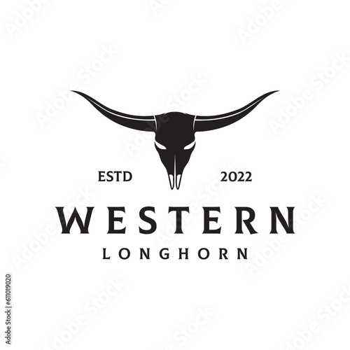 Longhorn texas ranch wild west animal logo design vintage retro.Logo for cowboy, cattle, badge, restaurant.