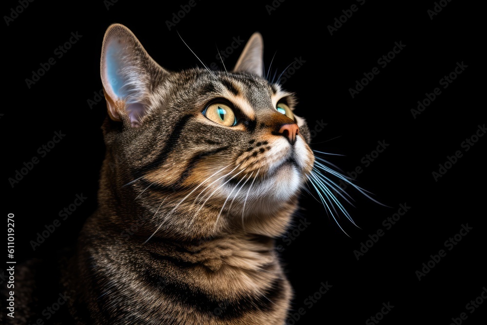 Tabby cat looking up and stare isolated on simple black background. Close up portrait of a cat, eyesight, vision. Generative AI.