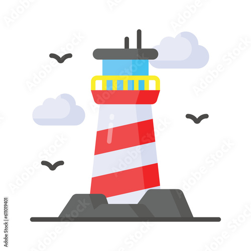 A tower containing a beacon light to warn or guide ships at sea, well designed icon of lighthouse
