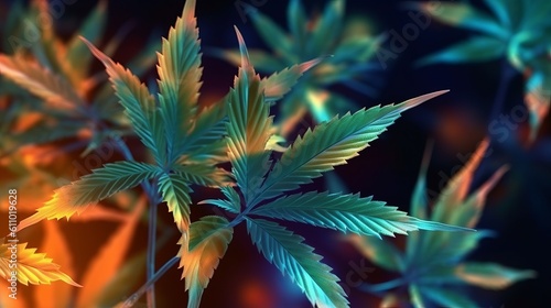 Cannabis leaves on black background with flare. Aesthetic vibrant abstract background with hemp foliage in neon light. Generative ai