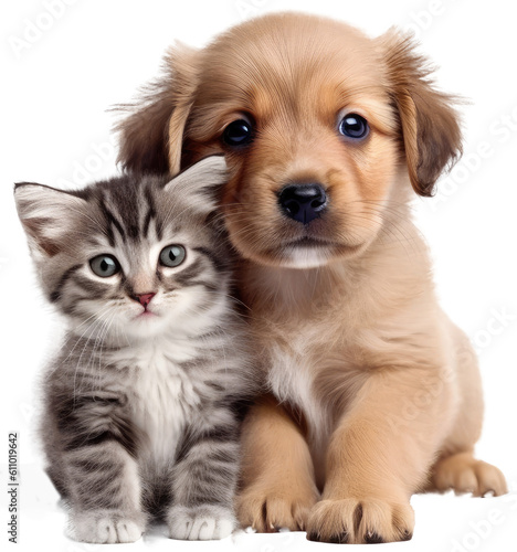 Cute kitty and puppy cuddeling together isolated on white background as transparent PNG, generative AI animals