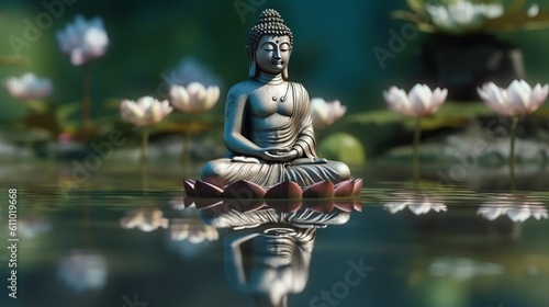 Buddha statue in the water with lotuses. Generative ai