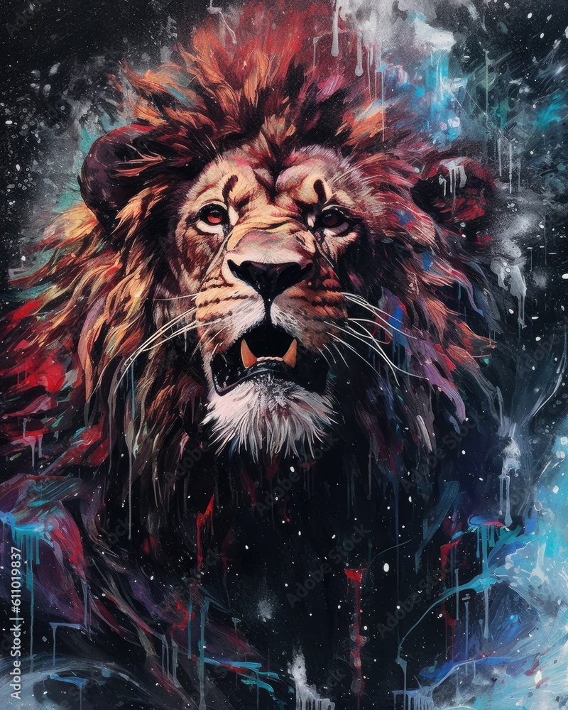 Lion predator animals wildlife painting. Lion is the king of animals. The constellation of Leo is a sign of the leaders. A strong spirit, strong body, strong will. Fantasy art of a lion Generative AI
