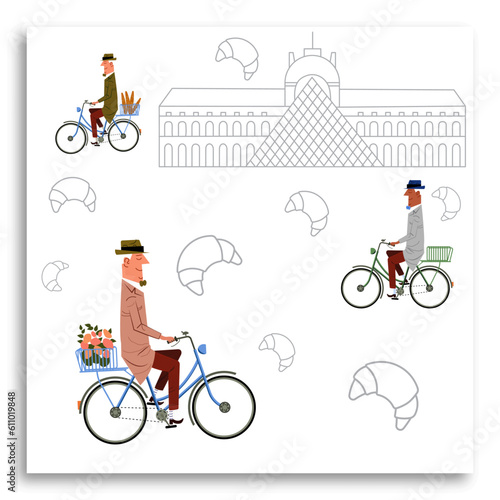 Illustration with  Louvre, man and croissant. Decor poster. Iconic place in Paris, France. Tourism and travel greeting postcard concept. Vector illustration. Vector poster.