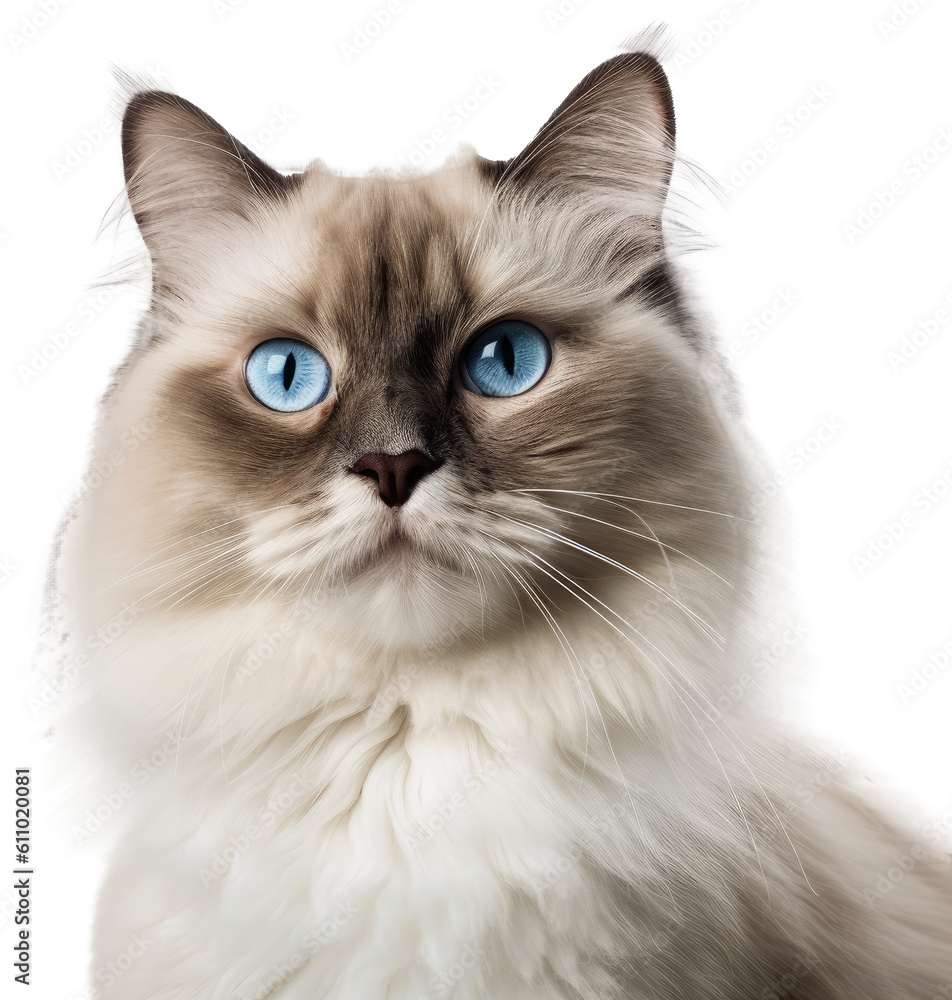 Close up portrait of a ragdoll cat isolated on a white background, generative AI animal