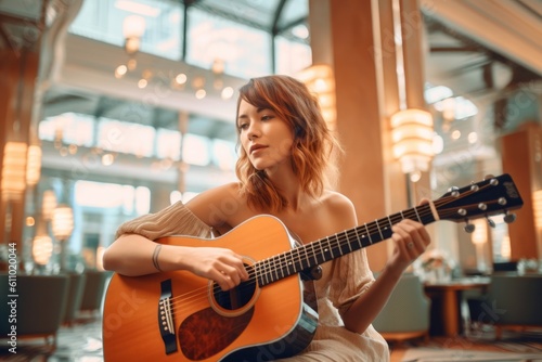 Medium shot portrait photography of a glad girl in her 30s playing the guitar against a swanky hotel lobby background. With generative AI technology