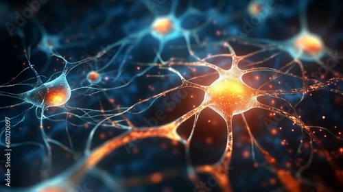 Abstract glowing nerve cells communicate through synaptic connections. Generative ai