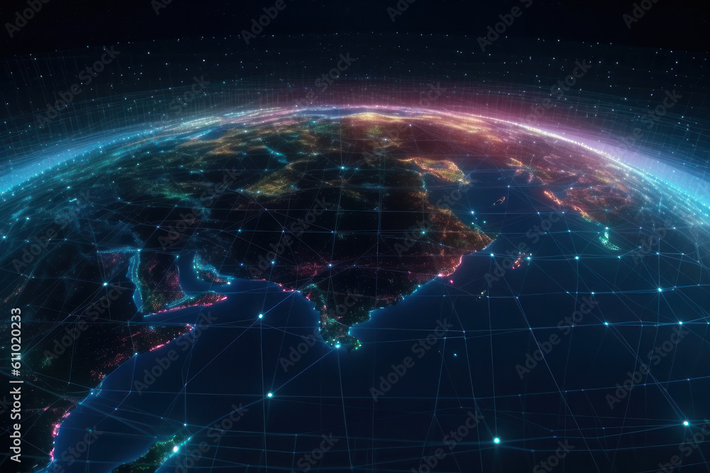 Internet networks over planet Earth, neon light. AI generative. Internet networks over planet Earth, neon light. AI generative.