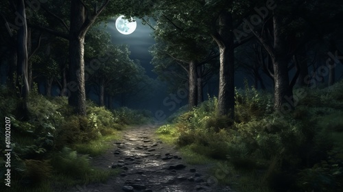 A path in the woods with a full moon in the background at night time with trees and bushes on either side of the path. Generative ai