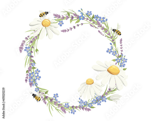 Summer bouquet. Birthday or Wedding cards. Vector design element, wreaths of lavender, blue forget-me-nots and chamomile.