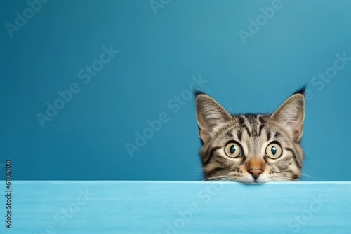 Frightened Cat Peeks Behind Corner. Generative AI ©  Creative_studio