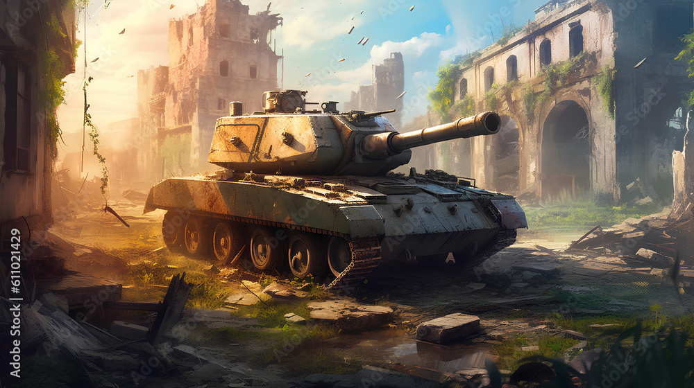 A tank in the ruins of the city. An apocalyptic landscape. Tank defense destroyed the countryside. Generative AI.