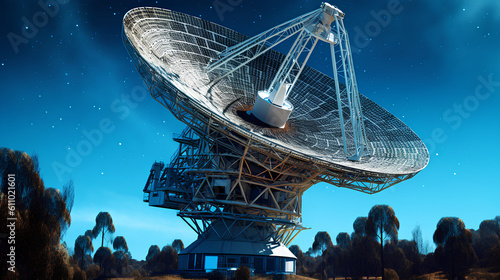 A large satellite parabolic radar antenna on the background of the sky. A radio telescope is a type of directional radio antenna used in radio astronomy. Generative AI. photo