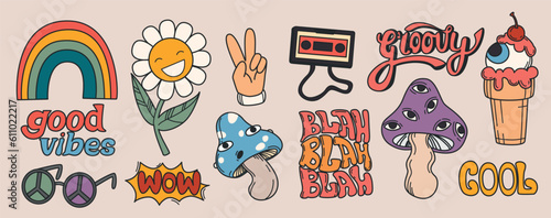 Vector set of retro 70s hippie stickers, psychedelic groovy elements. Funny daisy flower, rainbow, peace gesture, sunglasses, vintage music cassette and mushroom with eyes. Old doodle objects.