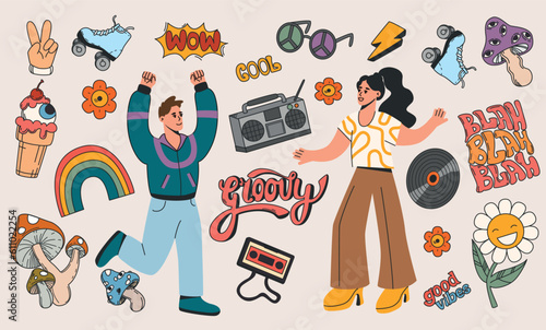 Vector set of retro hippie characters and stickers. Vintage color elements of psychedelic mushrooms with eyes, daisy flower, rainbow, roller skates, sunglasses and record player with music cassette.