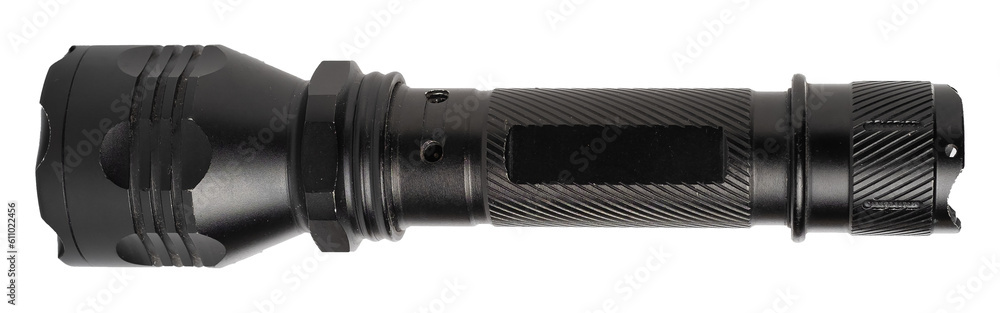 Black LED flashlight isolated on white background, macro shot - obrazy, fototapety, plakaty 