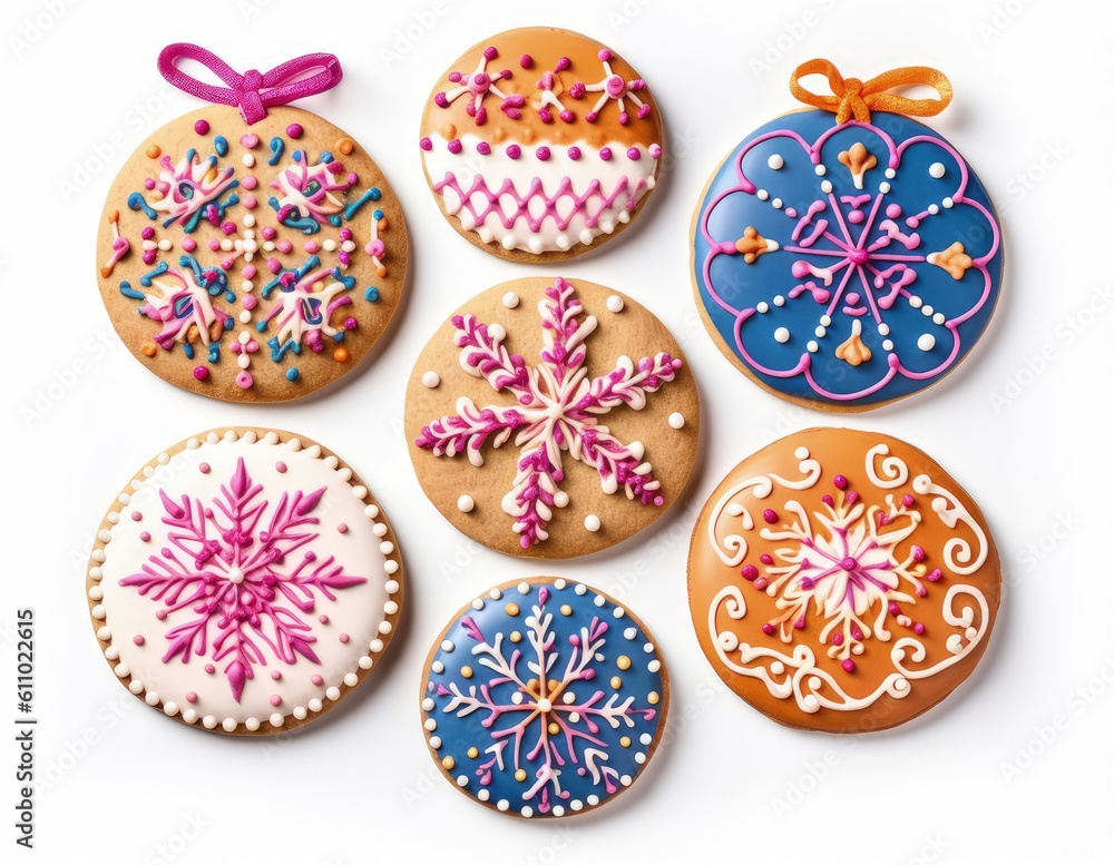 Assortment homemade sugar cookies with festive decoration, isolated on white