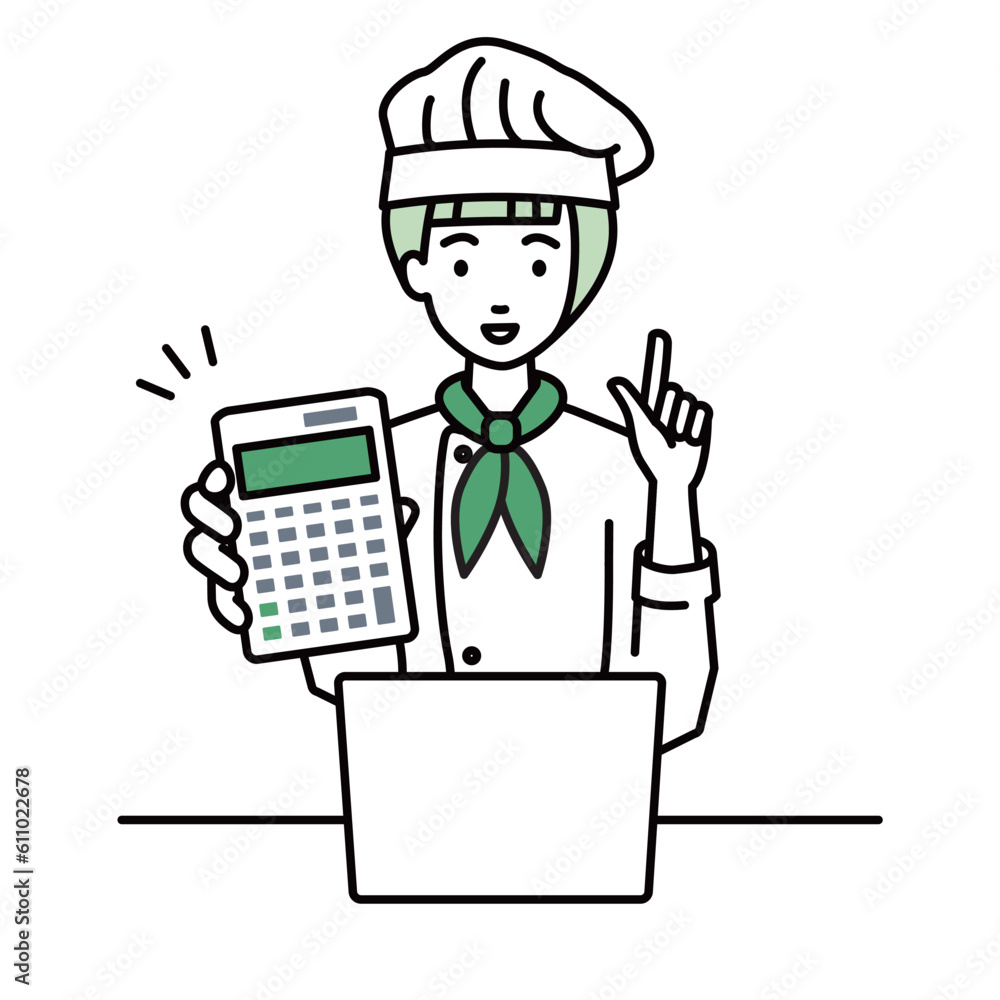 座ってデスクでノートPCを開いて電卓を持ってこちらに向けて見せている調理師の女性